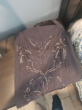 Ornate Sequined Sheer Overlay Top in Plum